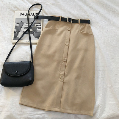 Κομψή γυναικεία φούστα με  ψηλή μέση και κουμπιά σε μπεζ, καφέ, μαύρο και μπορντό χρώμα