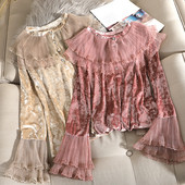 Μοντέρνα γυναικεία μπλούζα βελούδο με τούλι και κουμπιά