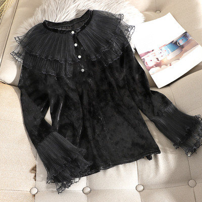 Μοντέρνα γυναικεία μπλούζα βελούδο με τούλι και κουμπιά