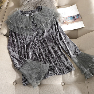 Μοντέρνα γυναικεία μπλούζα βελούδο με τούλι και κουμπιά