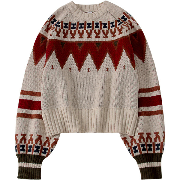 Modern női pulóver ovális nyakkivágással, színes mintával fehér és fekete színben