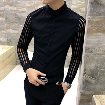 Μοντέρνο ανδρικό πουκάμισο με κλασικό γιακά και μακρύ μανίκι σε μαύρο και άσπρο χρώμα