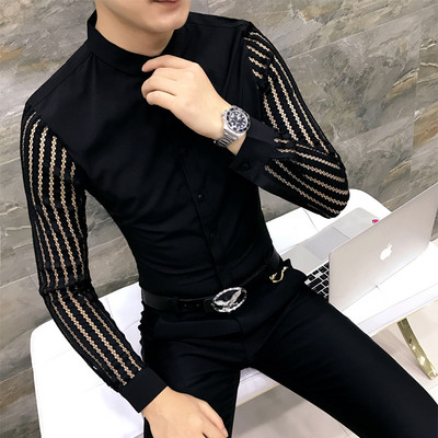 Modern férfi ing klasszikus gallérral és hosszú ujjú fekete-fehér színben