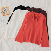 Μοντέρνο λεπτό πλεκτό γυναικείο πουλόβερ με κορδόνια σε τέσσερα χρώματα