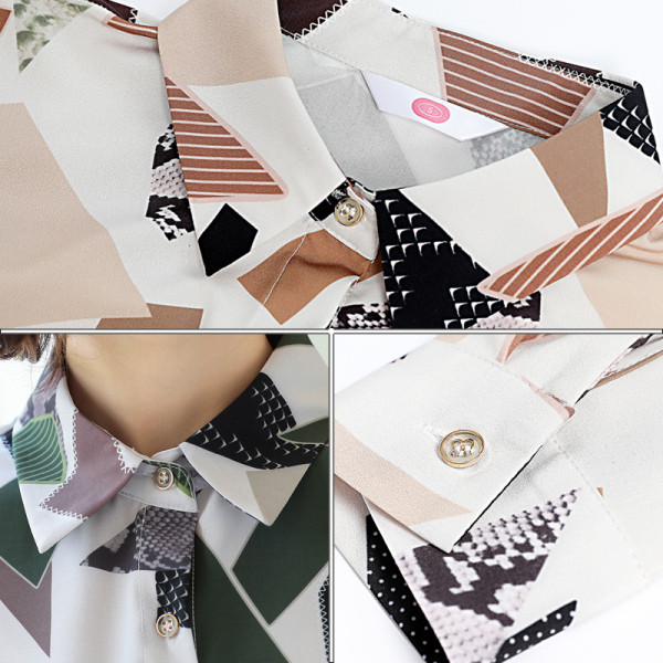 Női ing mintával, gombokkal és klasszikus gallérral zöld és barna színben