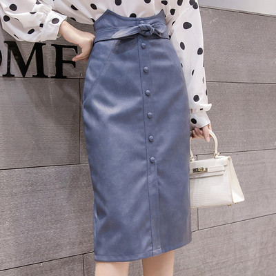 Κομψή γυναικεία φούστα οικολογικό δέρμα σε τρία χρώματα με κορδέλα και κουμπιά