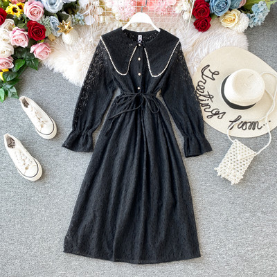 Μοντέρνο γυναικείο δαντελένιο φόρεμα με κορδόνια στη μέση και πέρλες σε τρία χρώματα