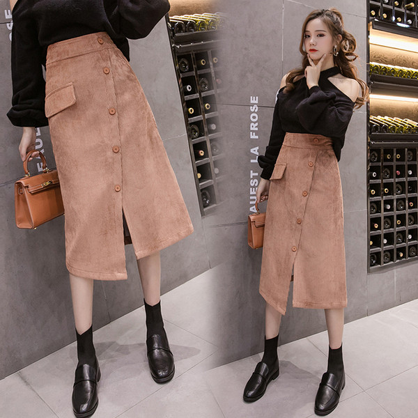 Női szoknya fekete és barna színben, magas derékkal és gombokkal