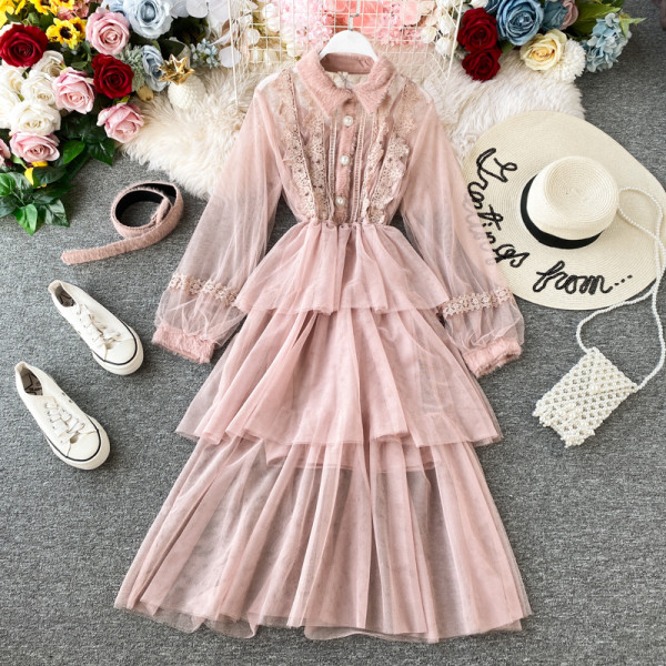 Μοντέρνο γυναικείο φόρεμα  με κουμπιά και δαντέλα σε τέσσερα χρώματα