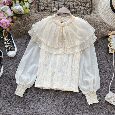 Modern női csipkeblúz, tüll gallérral, három színben