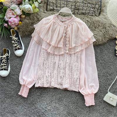 Modern női csipkeblúz, tüll gallérral, három színben