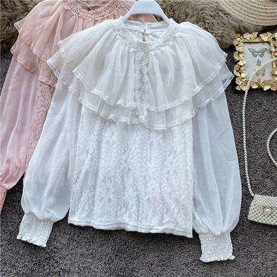 Modern női csipkeblúz, tüll gallérral, három színben