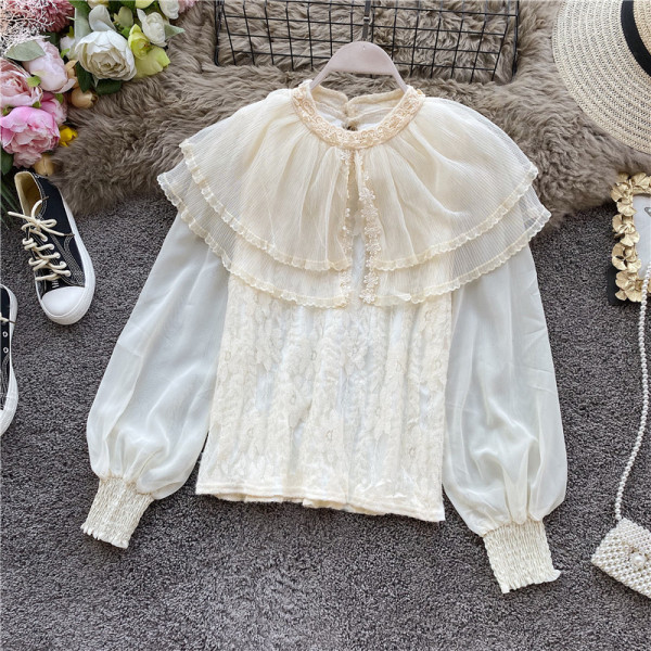 Modern női csipkeblúz, tüll gallérral, három színben