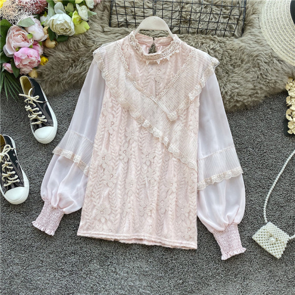 Női csipkeing bézs és rózsaszín tüll ujjakkal