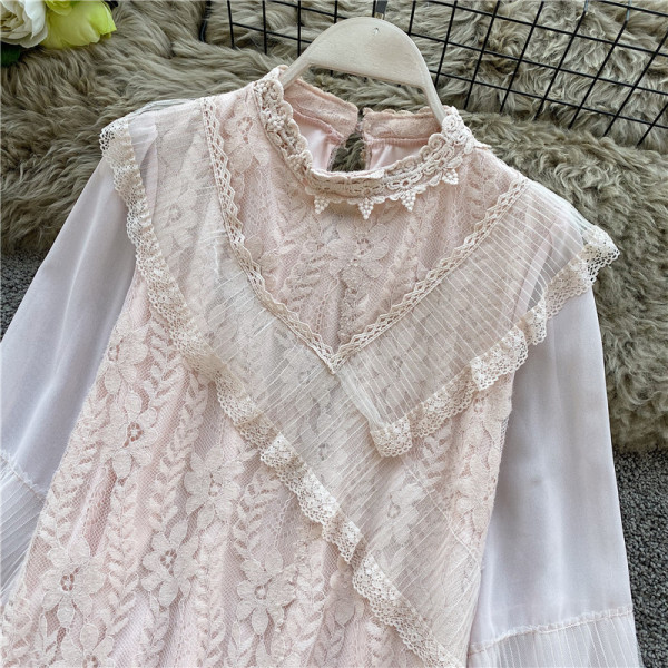 Női csipkeing bézs és rózsaszín tüll ujjakkal