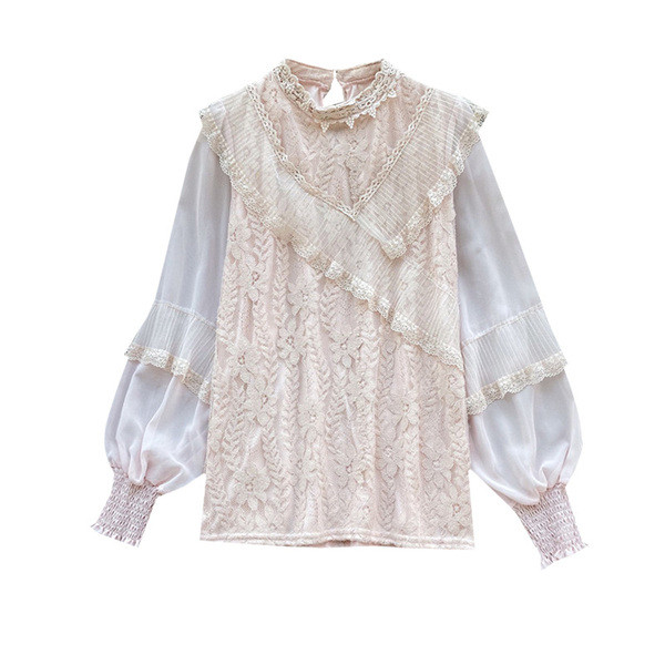 Női csipkeing bézs és rózsaszín tüll ujjakkal