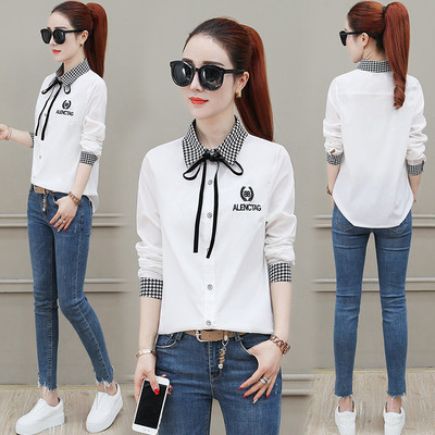 Női ing klasszikus gallérral, gombokkal, hímzéssel és nyakkendővel három színben