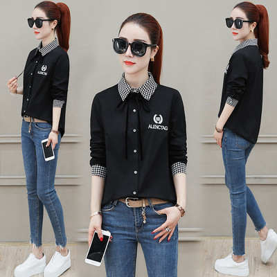 Női ing klasszikus gallérral, gombokkal, hímzéssel és nyakkendővel három színben