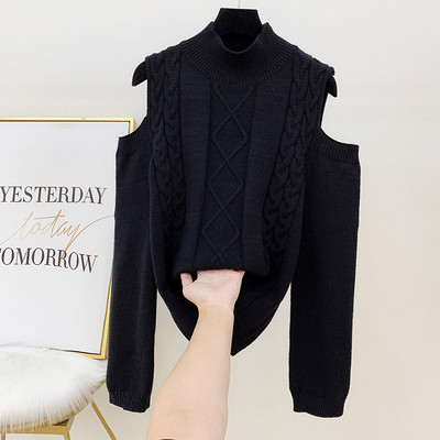 Női pulóver csupasz váll és pólógallérral fekete, piros, fehér és zöld színben