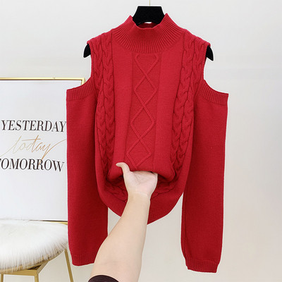 Női pulóver csupasz váll és pólógallérral fekete, piros, fehér és zöld színben