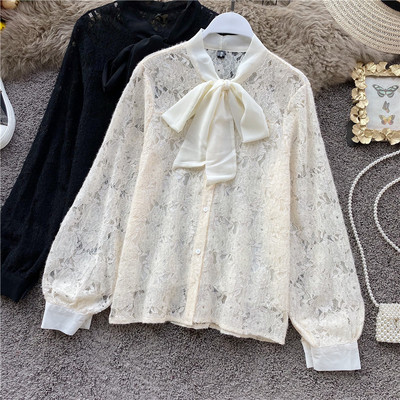 Κομψό γυναικείο πουκάμισο με κορδέλα και δαντέλα σε τρία χρώματα