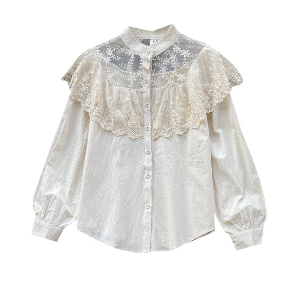 Γυναικεία πουκάμισο με κουμπιά και κολάρο δαντέλα σε μπεζ και λευκό χρώμα