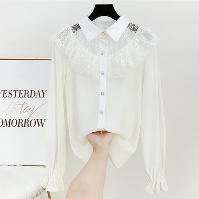 Stílusos női ing bársonyból és csipkéből klasszikus gallérral fehér és fekete színben