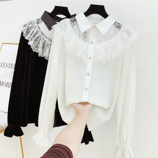 Stílusos női ing bársonyból és csipkéből klasszikus gallérral fehér és fekete színben