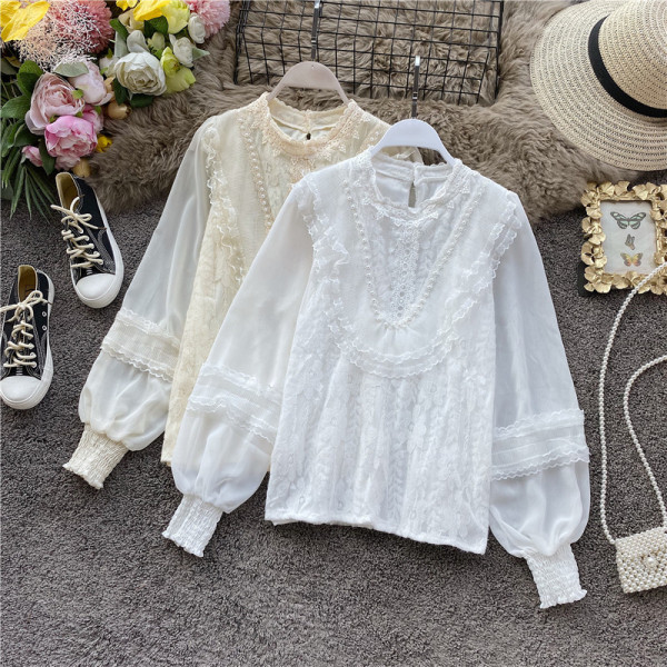 Női ing csipkével és hosszú ujjú rózsaszín, fehér és bézs színben