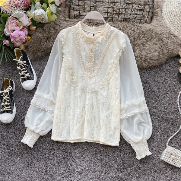 Női ing csipkével és hosszú ujjú rózsaszín, fehér és bézs színben