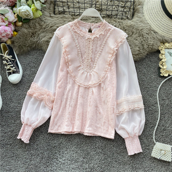 Női ing csipkével és hosszú ujjú rózsaszín, fehér és bézs színben