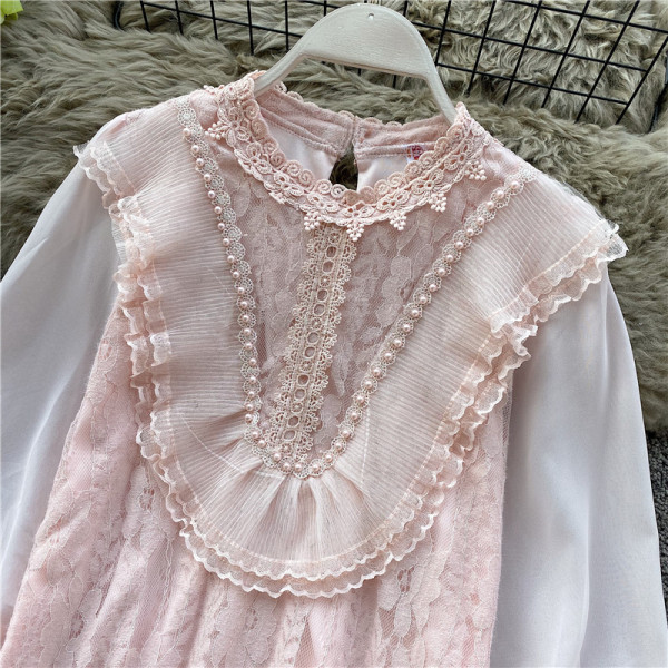 Női ing csipkével és hosszú ujjú rózsaszín, fehér és bézs színben