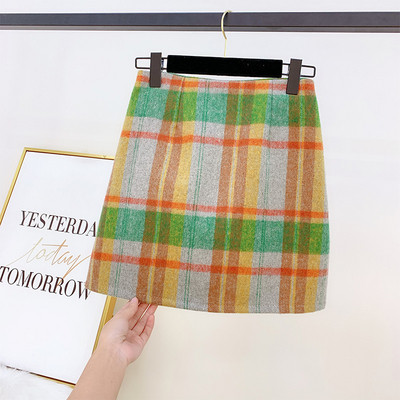 Γυναικεία χειμερινή καρό φούστα με ψηλή μέση σε μπλε και πράσινο χρώμα