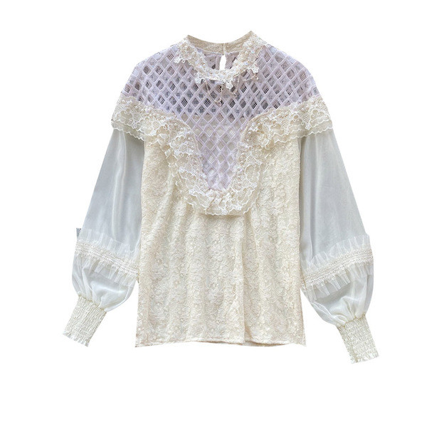 Γυναικείο πουκάμισο από δαντέλα και μακριά μανίκια και υψηλό κολάρο σε ροζ, λευκό και μπεζ χρώαμ