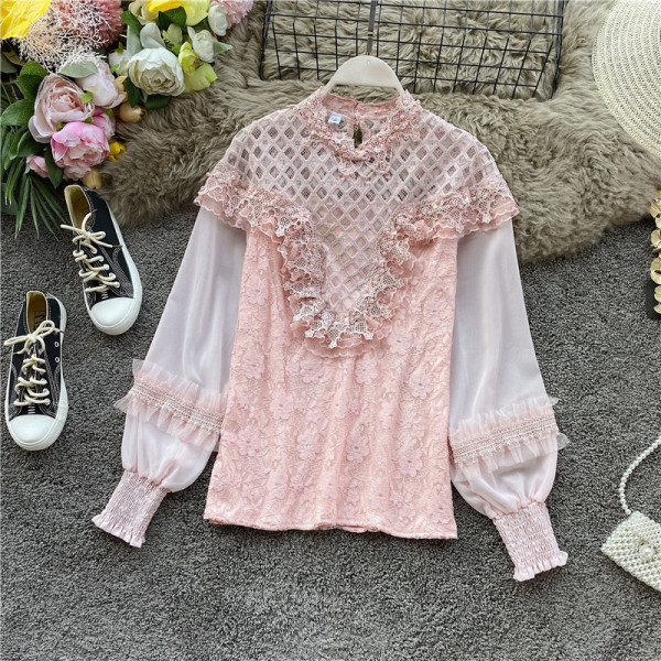 Γυναικείο πουκάμισο από δαντέλα και μακριά μανίκια και υψηλό κολάρο σε ροζ, λευκό και μπεζ χρώαμ