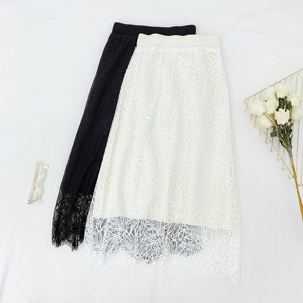 Γυναικεία δαντελένια φούστα με ψηλή μέση, σε λευκό και μαύρο χρώμα