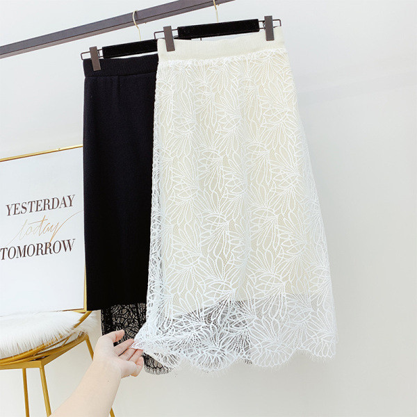 Γυναικεία δαντελένια φούστα με ψηλή μέση, σε λευκό και μαύρο χρώμα