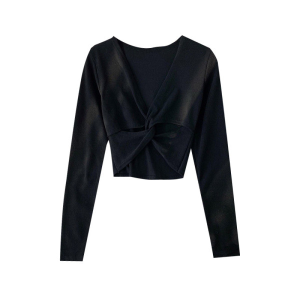 Μοντέρνα  γυναικεία κοντή μπλούζα  με λαιμόκοψη και μακριά μανίκια σε τρία χρώματα