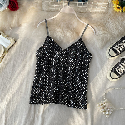 Modern női felső, vékony pántokkal és flitterekkel, négy színben