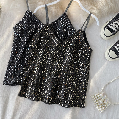 Modern női felső, vékony pántokkal és flitterekkel, négy színben