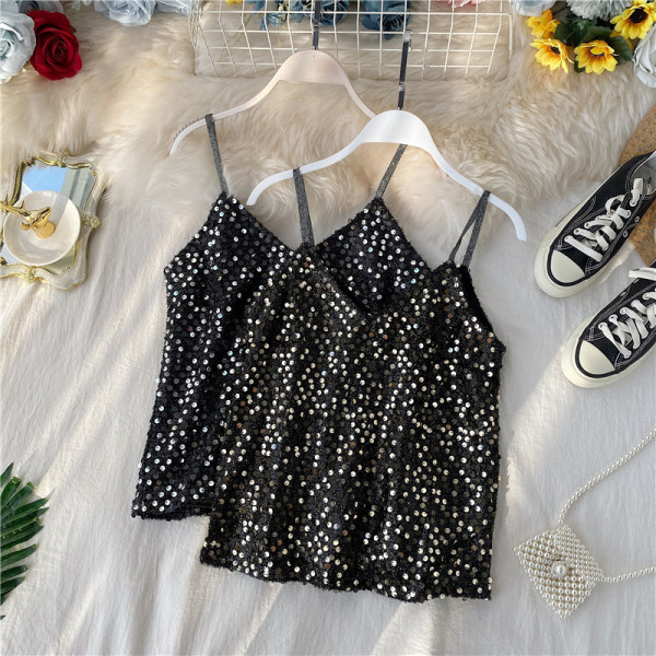 Modern női felső, vékony pántokkal és flitterekkel, négy színben