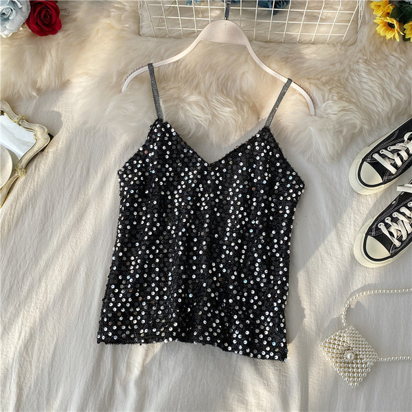 Modern női felső, vékony pántokkal és flitterekkel, négy színben