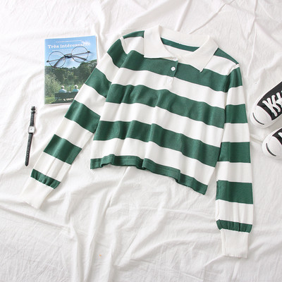 Modern csíkos női pulóver klasszikus gallérral, zöld és narancssárga gombokkal