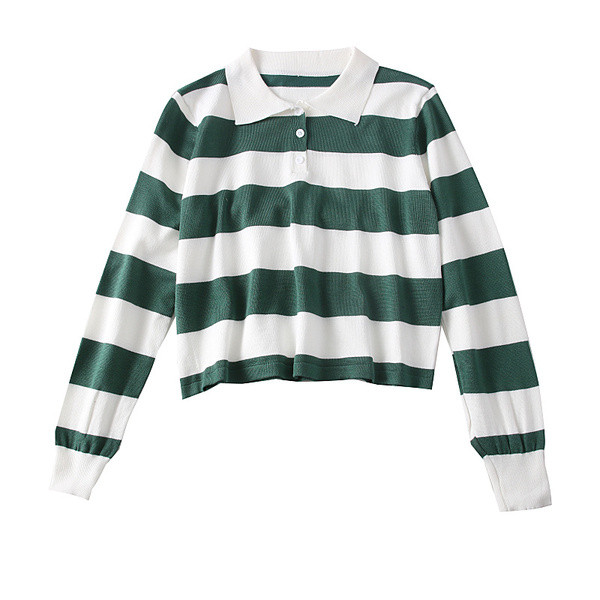 Modern csíkos női pulóver klasszikus gallérral, zöld és narancssárga gombokkal