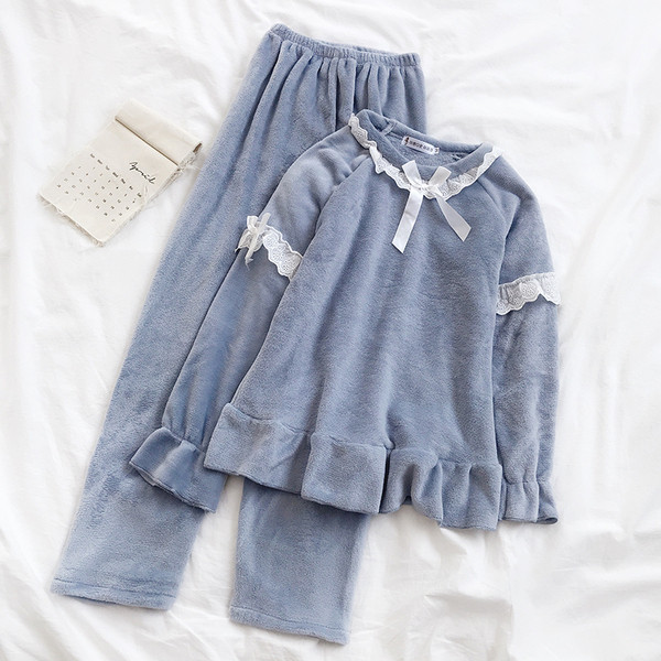 Női téli pizsama két részes kék és rózsaszín színben