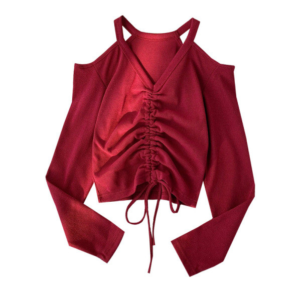 Modern női blúz csupasz vállakat és nyakkendőt fekete, piros és szürke színben