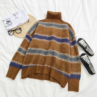 Γυναικείο πουλόβερ σε τρία χρώματα με υψηλό κολάρο και μακρύ μανίκι