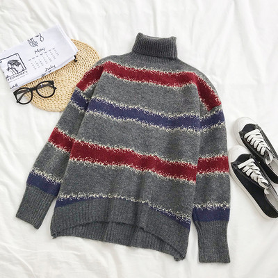 Γυναικείο πουλόβερ σε τρία χρώματα με υψηλό κολάρο και μακρύ μανίκι