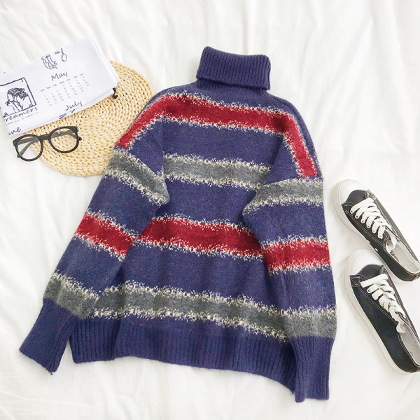 Γυναικείο πουλόβερ σε τρία χρώματα με υψηλό κολάρο και μακρύ μανίκι