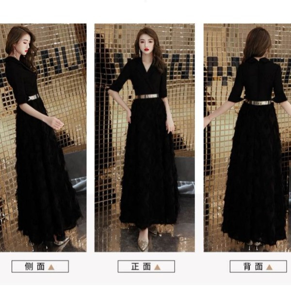 Μοντέρνα γυναικείο μακρύ φόρεμα με 3/4 μανίκια σε μαύρο και κόκκινο χρώμα